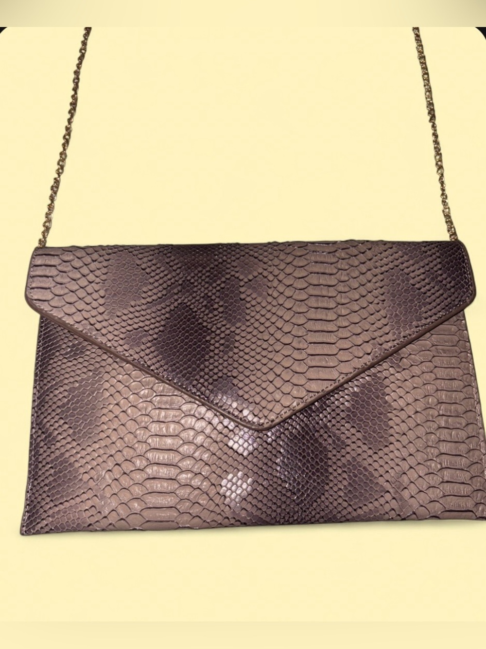 Sam Forever Snakeskin Envelope Clutch Chain Shoulder Bag Taupe Brown